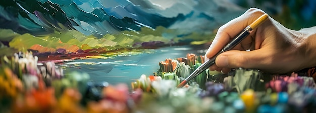 Foto um close das mãos de uma pessoa pintando uma bela paisagem generative ai