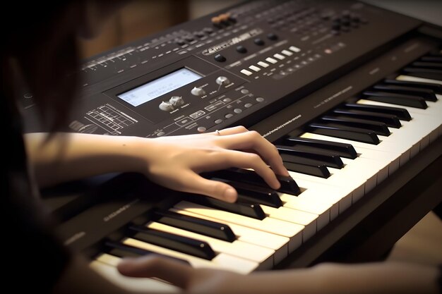 Foto um close das mãos tocando o piano eletrônico