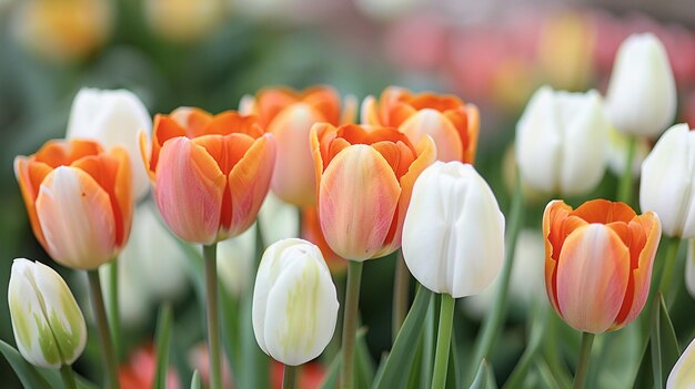 Um close de algumas tulipas laranjas e brancas