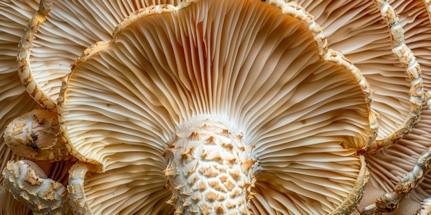 Foto um close de brânquias de cogumelos mostrando padrões detalhados e textura natural