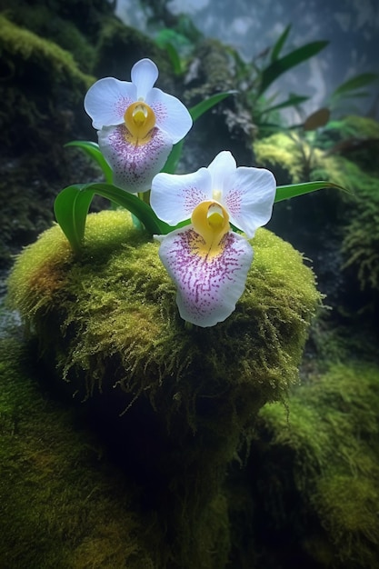 Foto um close de duas orquídeas com musgo verde no fundo.