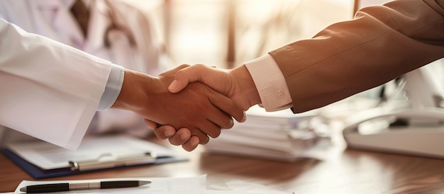 Um close de duas pessoas apertando as mãos sobre uma mesa de escritório com equipamentos médicos ao fundo