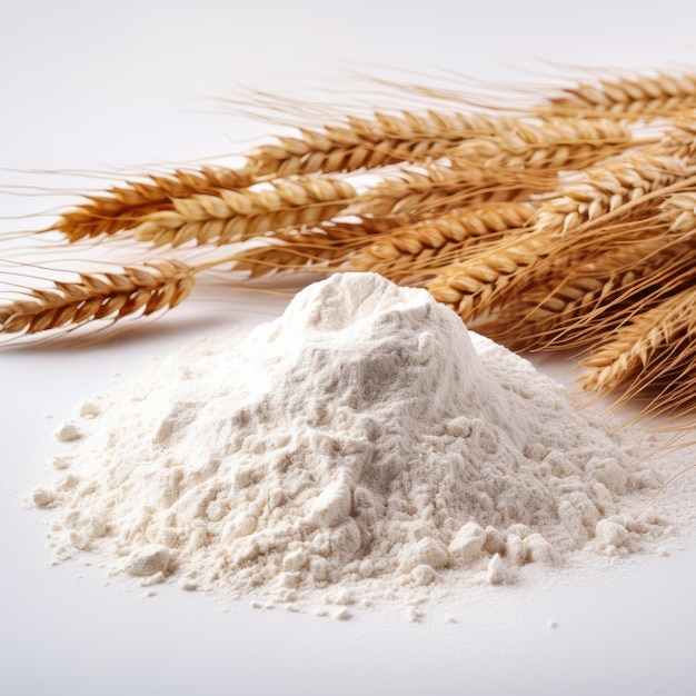 Um close de farinha de trigo em fundo branco