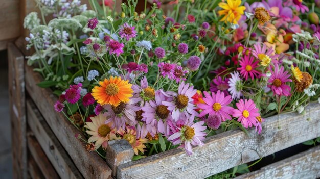 Um close de flores silvestres recém-colhidas exibidas em uma caixa de madeira rústica