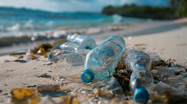 Um close de garrafas e sacos de plástico espalhados por uma praia poluída, destacando o impacto ambiental dos resíduos plásticos oceânicos nos ecossistemas marinhos