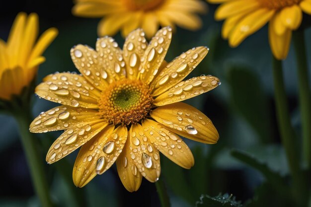 Foto um close de gotas de água numa flor amarela