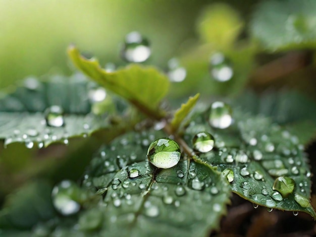 Um close de gotas de orvalho em folhas frescas de primavera