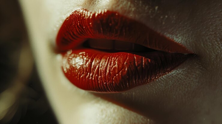 Foto um close de lábios divididos com um batom vermelho brilhante que destaca a sensualidade e o fascínio