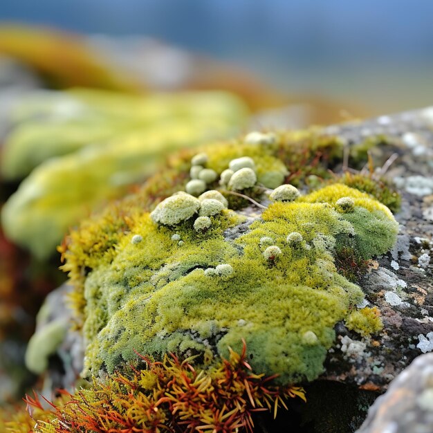 Um close de líquenes coloridos crescendo em uma rocha na tundra Vários tons de verde amarelo laranja e vermelho e eles contrastam lindamente com a rocha cinzenta