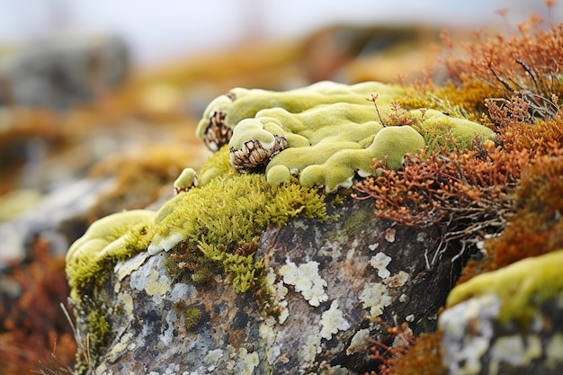 Um close de líquenes coloridos crescendo em uma rocha na tundra vários tons de verde amarelo laranja e vermelho e eles contrastam lindamente com a rocha cinzenta