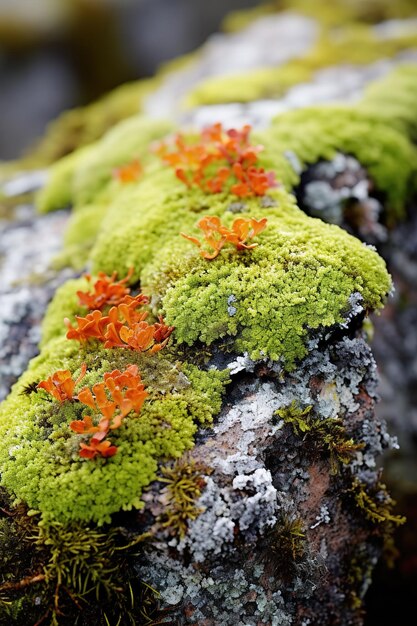 Foto um close de líquenes coloridos crescendo em uma rocha na tundra vários tons de verde amarelo laranja e vermelho e eles contrastam lindamente com a rocha cinzenta