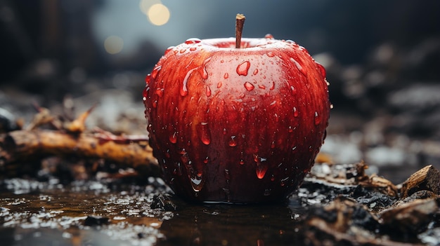 um close de maçã vermelha na chuva