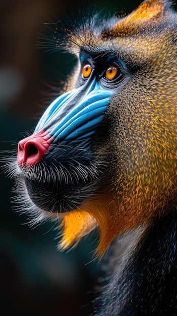 Um close de Mandrill com rosto azul e amarelo