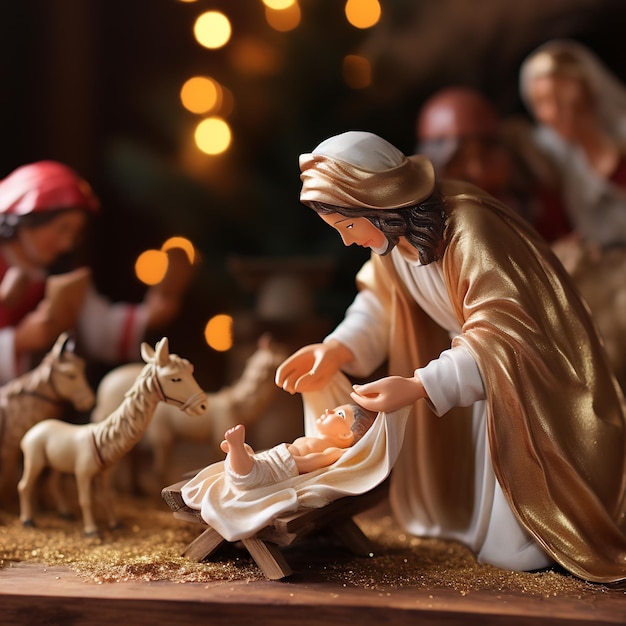 Foto um close de mãos colocando uma estatueta do bebê jesus em uma cena de natividade simbolizando religiosa