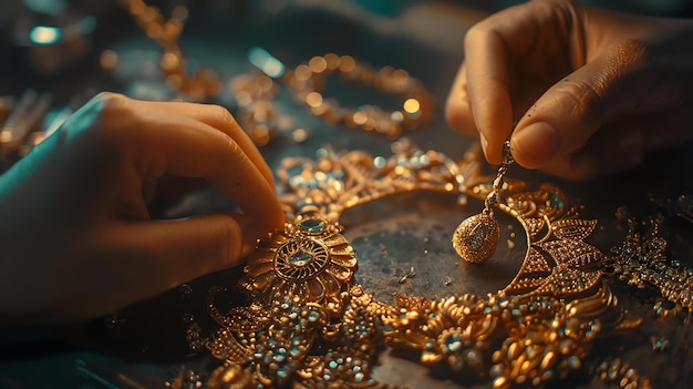 Um close de mãos de uma pessoa segurando uma peça de jóia A jóia é feita de ouro e tem muitos pequenos diamantes nela