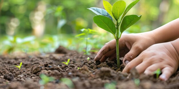 Um close de mãos plantando uma árvore nova