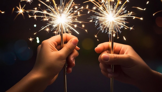 Um close de mãos segurando algumas faíscas celebrando o ano novo