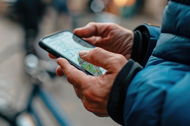 Foto um close de mãos usando um aplicativo de compartilhamento de bicicletas com mapa em um smartphone