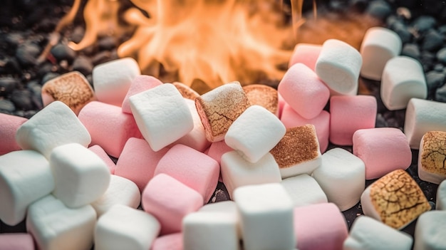 Foto um close de marshmallows assados em uma fogueira aberta