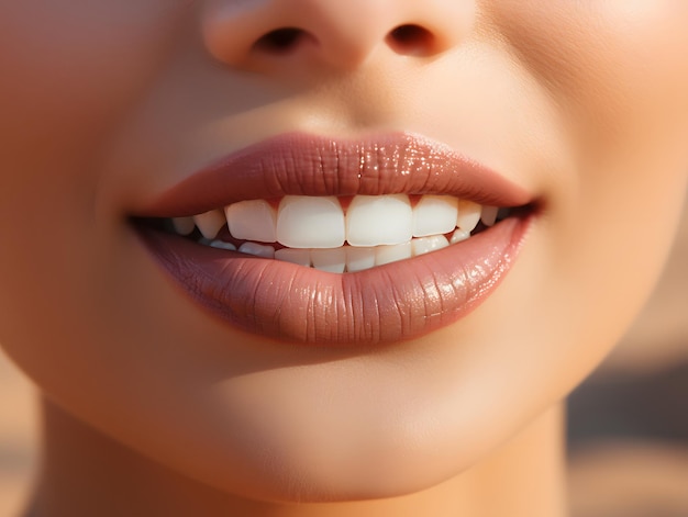 Um close de mulheres jovens sorridente com dentes brancos e saudáveis no deserto