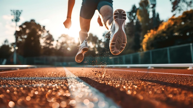 Um close de pés de um corredor enquanto eles correm por uma pista O corredor está usando sapatos cinzentos com solas amarelas