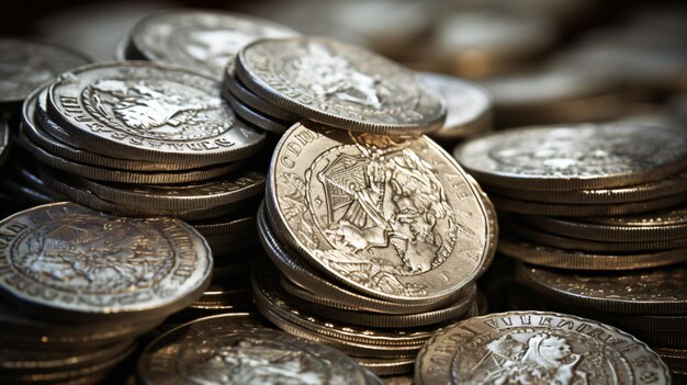 Um close de pilhas de moedas de prata