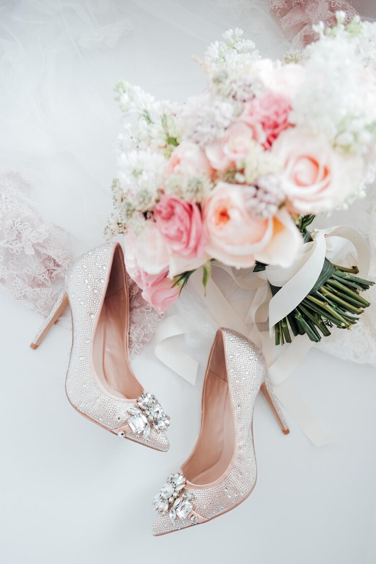 Foto um close de sapatos de noiva.