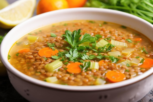 Foto um close de sopa de lentilha com cenoura flutuante e aipo