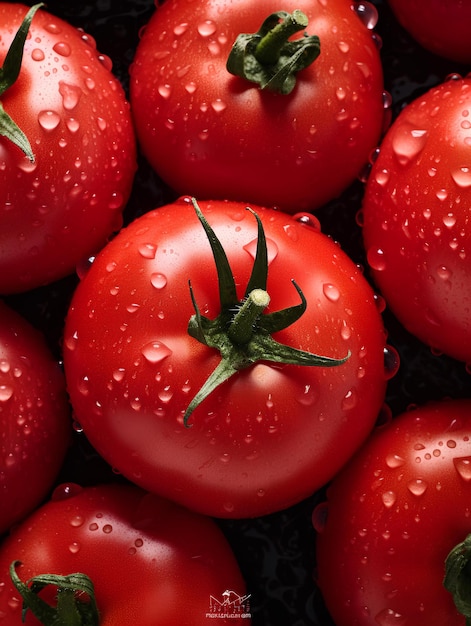 Um close de tomates com gotas de água sobre eles