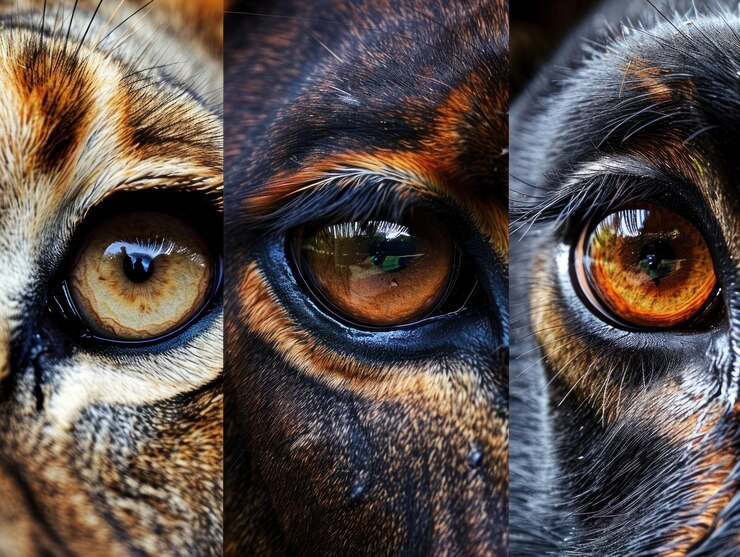 Foto um close de três olhos de animais