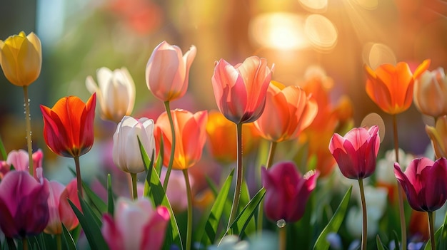 Um close de tulipas florescendo ao sol
