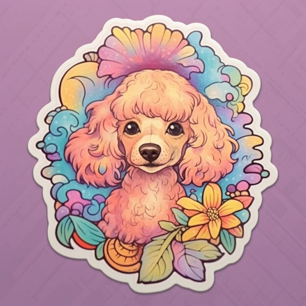 um close de um adesivo com um cachorro poodle nele, IA generativa