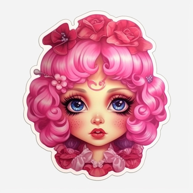 um close de um adesivo de uma garota com cabelo rosa generativo ai