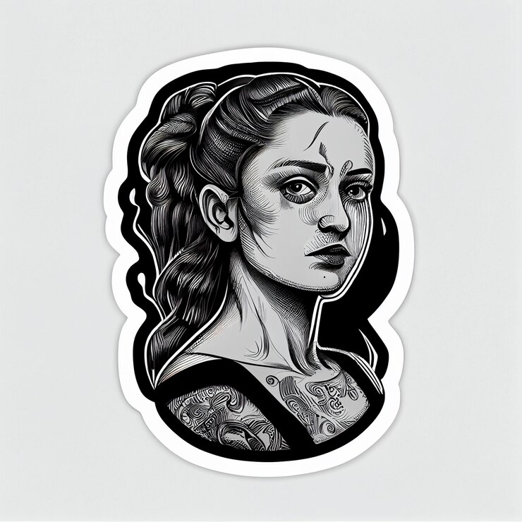 Foto um close de um adesivo de uma mulher com uma tatuagem no rosto ai generativa
