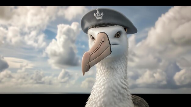 Foto um close de um albatroz vestindo um chapéu de capitão da marinha com uma âncora de ouro na banda o pássaro está olhando para a câmera com uma expressão severa