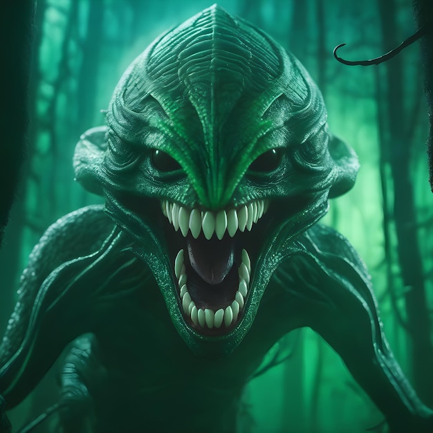 um close de um alienígena assustador com dentes grandes atravessando uma floresta