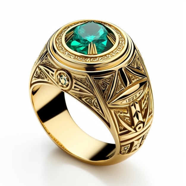 um close de um anel de ouro com uma pedra verde generativa ai