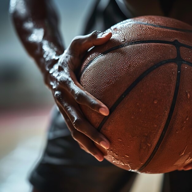 Um close de um atleta a jogar basquetebol.