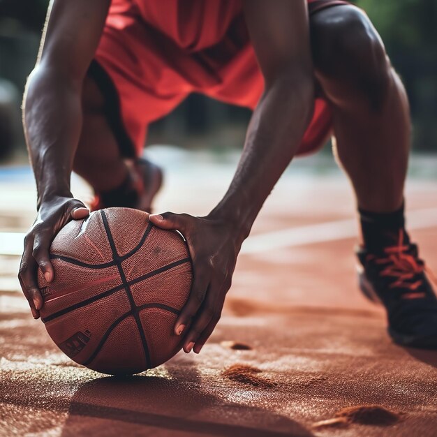 Um close de um atleta a jogar basquetebol.