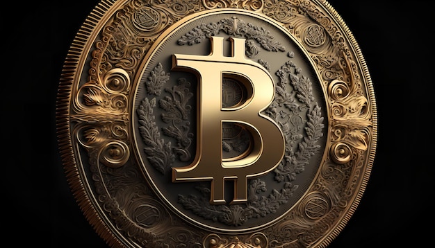 Um close de um bitcoin de ouro detalhado