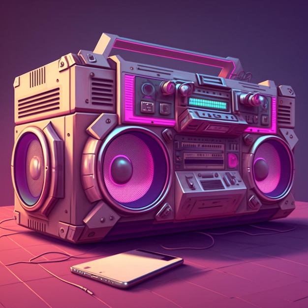 um close de um boombox com um telefone em uma mesa IA generativa