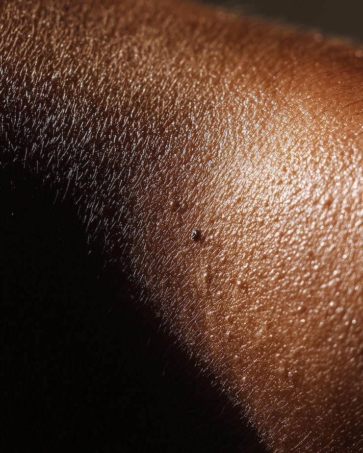 Foto um close de um braço de uma pessoa com um tom de pele bronzeado