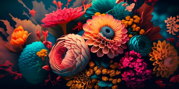 Um close de um buquê colorido de flores Generative AI