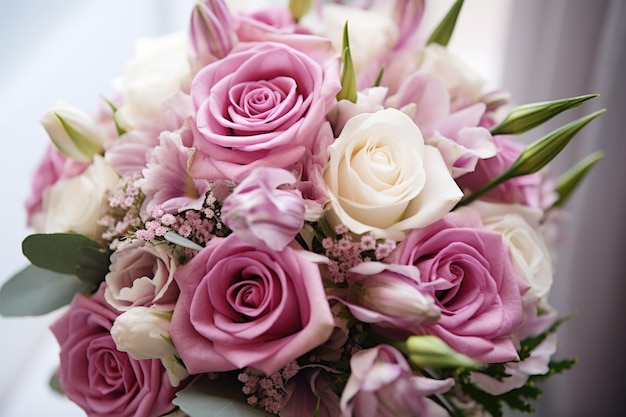 Um close de um buquê de noiva com várias flores