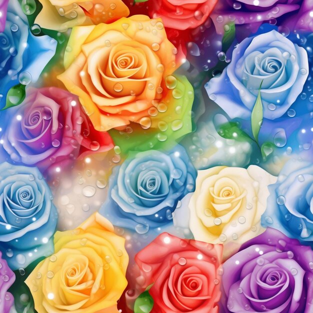 Foto um close de um buquê de rosas coloridas com gotas de água generativas ai