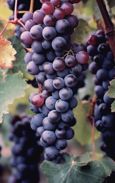 um close de um cacho de uvas pendurado em uma videira gerando IA