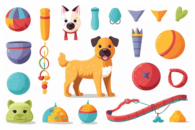 um close de um cachorro cercado por vários brinquedos e itens generativos de IA