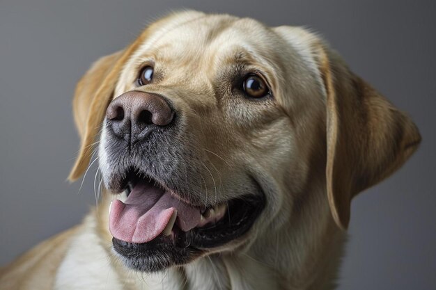 um close de um cachorro com a boca aberta