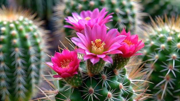 Um close de um cacto com flores rosas vibrantes florescendo contra seus caules verdes espinhosos