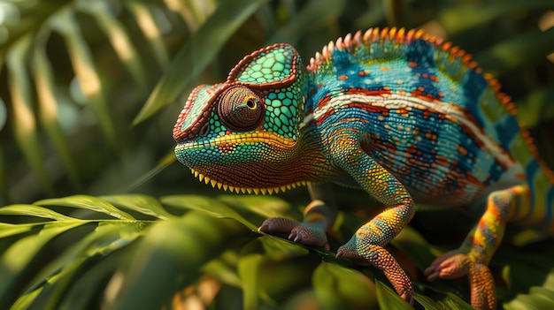 Foto um close de um camaleão colorido em uma folha verde o camaleão está olhando para a câmera com seus grandes olhos verdes